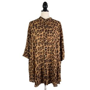 Free People Leopard Print Blouse Semi Sheer Button Up Oversized, Size M